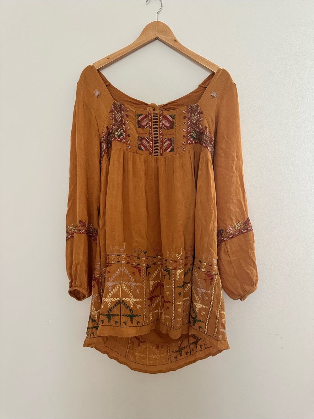 Free People Mustard Embroidered Boho Tunic Dress